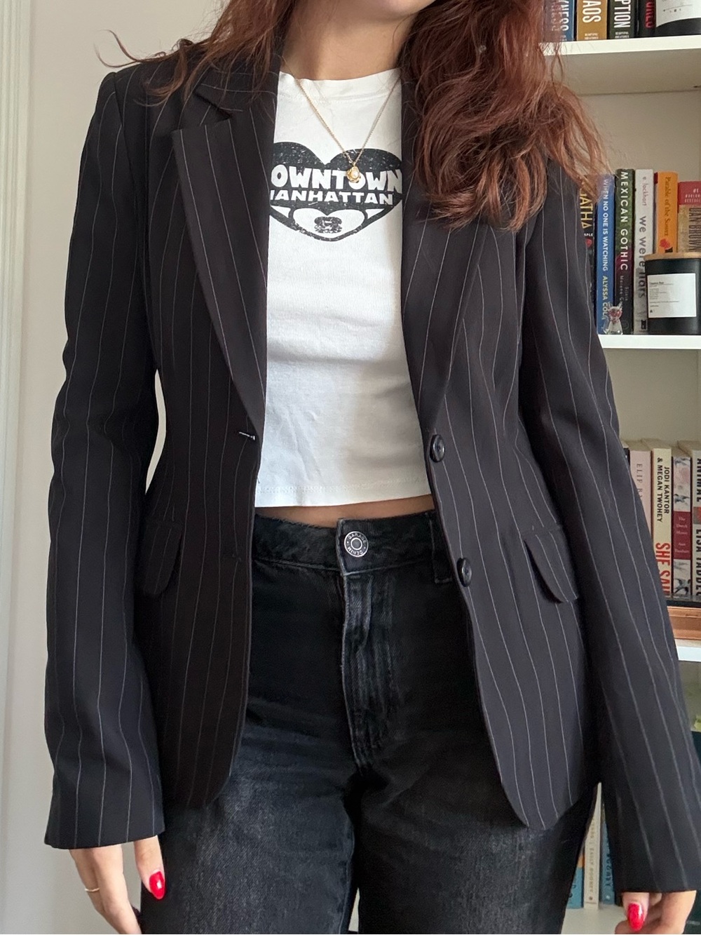 Suzy Shier Black Pinstripe Blazer